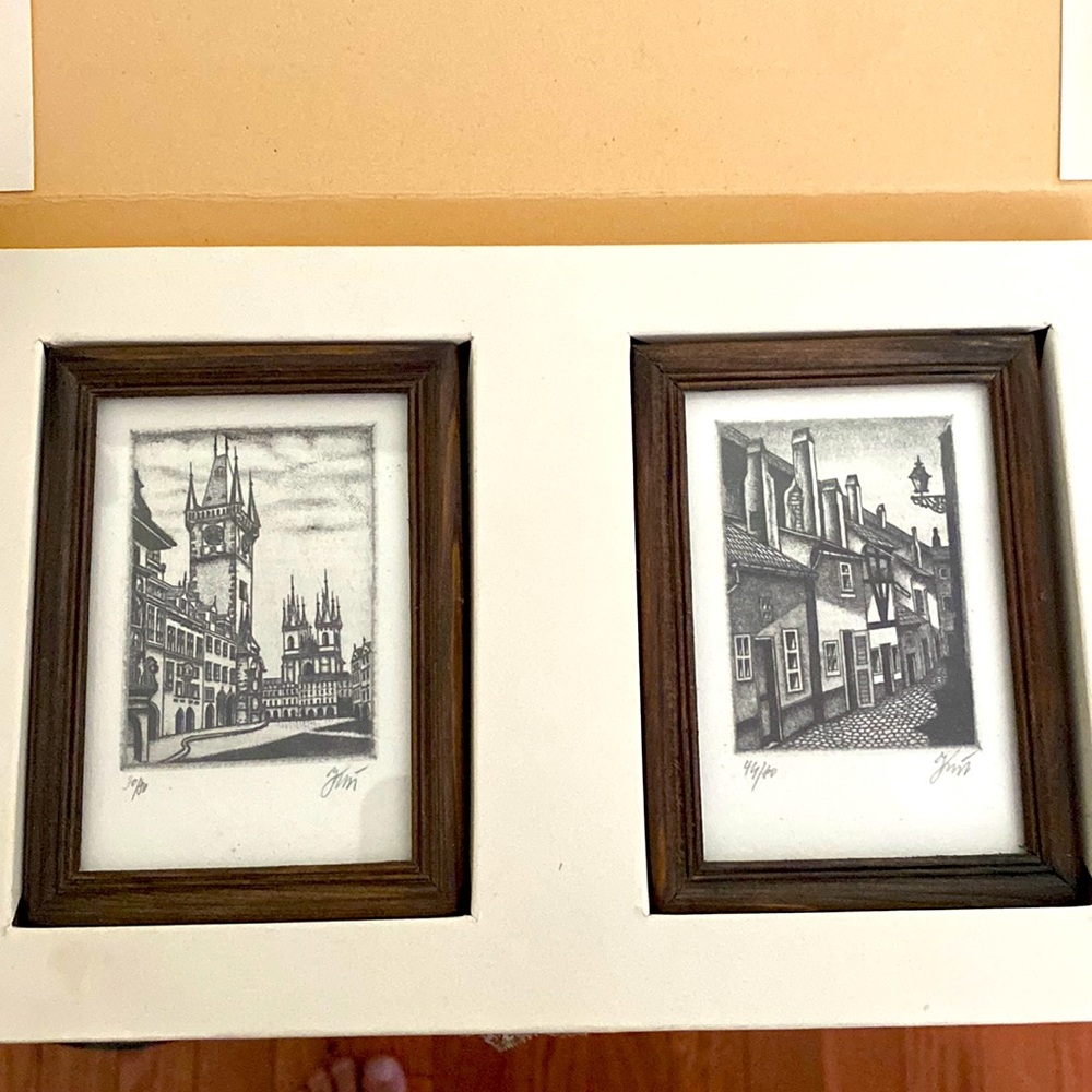 Vintage Detailed Mini Etchings of Clock Tower/Street in Prague. Set of 2
